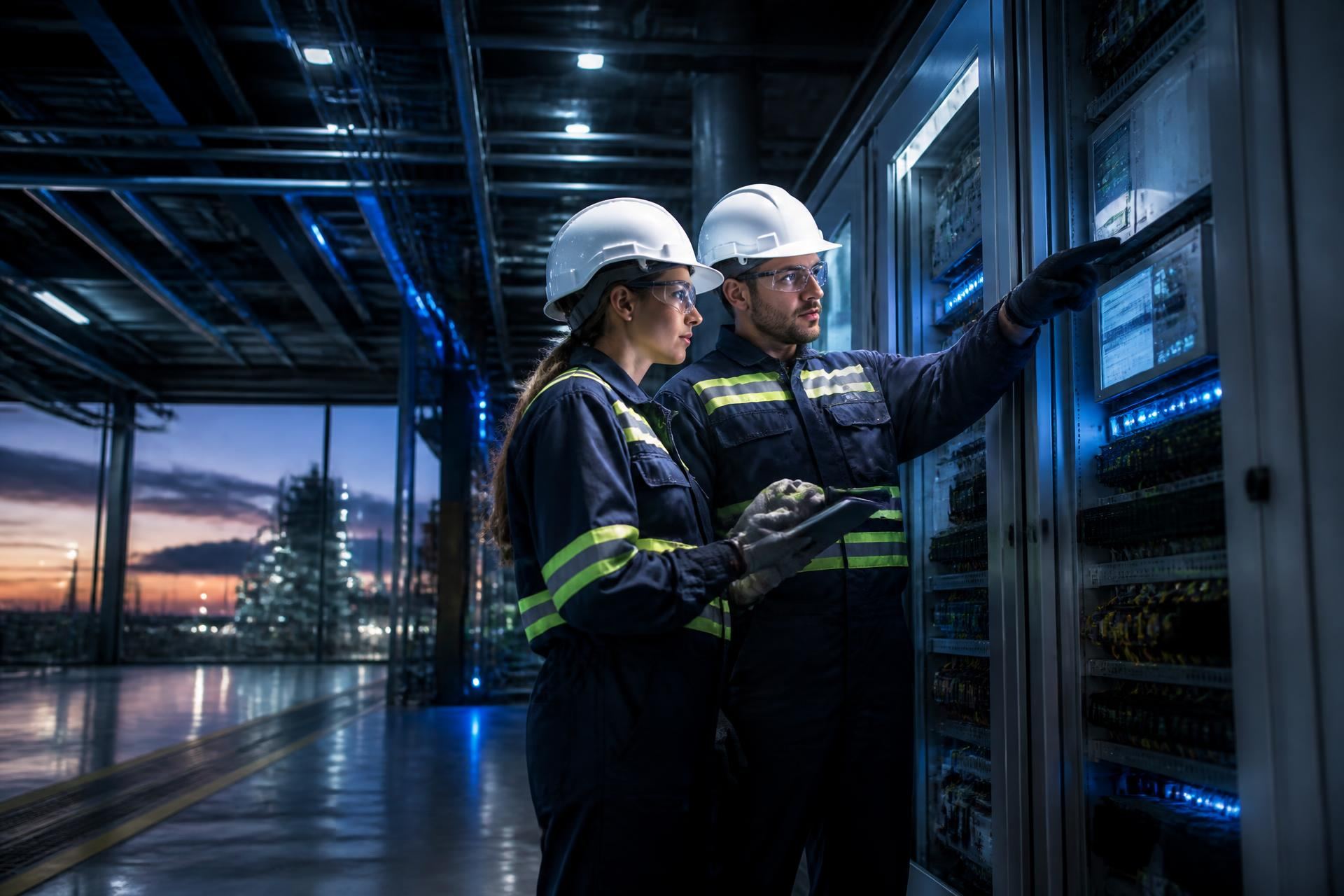 Engenheiros de segurança inspecionam painel elétrico em instalação industrial moderna